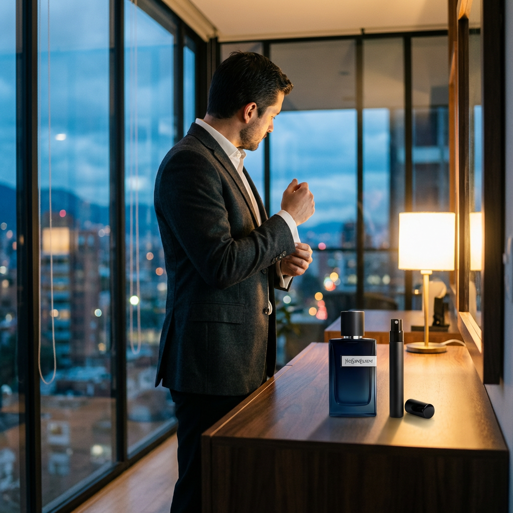 Hombre de traje ajusta puño cerca de Yves Saint Laurent Y Intense y decant de perfume en tocador, vista nocturna urbana.