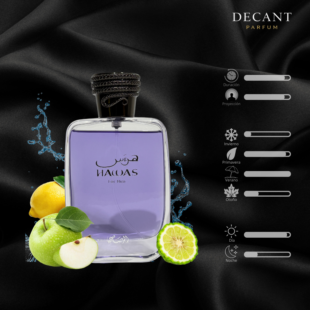 Perfume Rasasi Hawas for Him con notas de manzana y limón sobre fondo elegante negro con infografía de rendimiento.