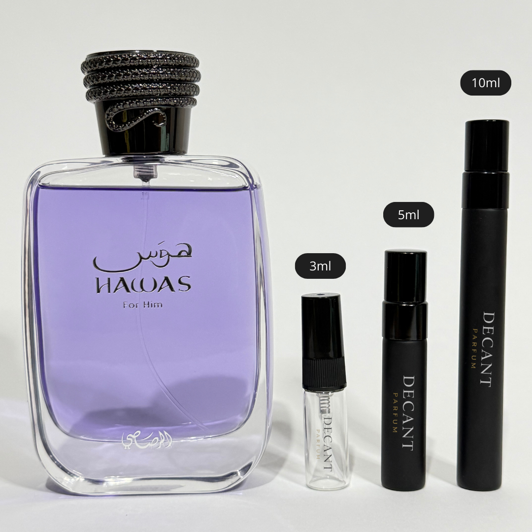 Perfume Rasasi Hawas for Him y decants de 3ml, 5ml y 10ml para comparación de tamaños sobre fondo blanco.
