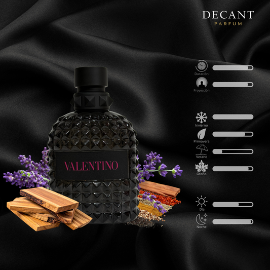 Perfume Valentino Uomo Born in Roma Extradose con infografía de notas de lavanda y madera sobre fondo negro.