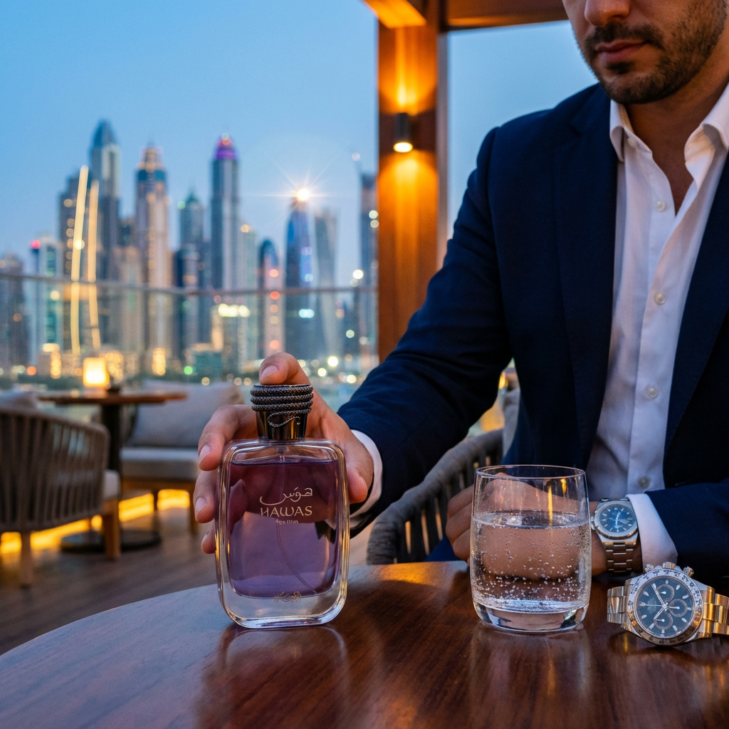 Hombre en traje en una terraza con vista a la ciudad nocturna. Sostiene Hawas for Him junto a relojes de lujo y un vaso.